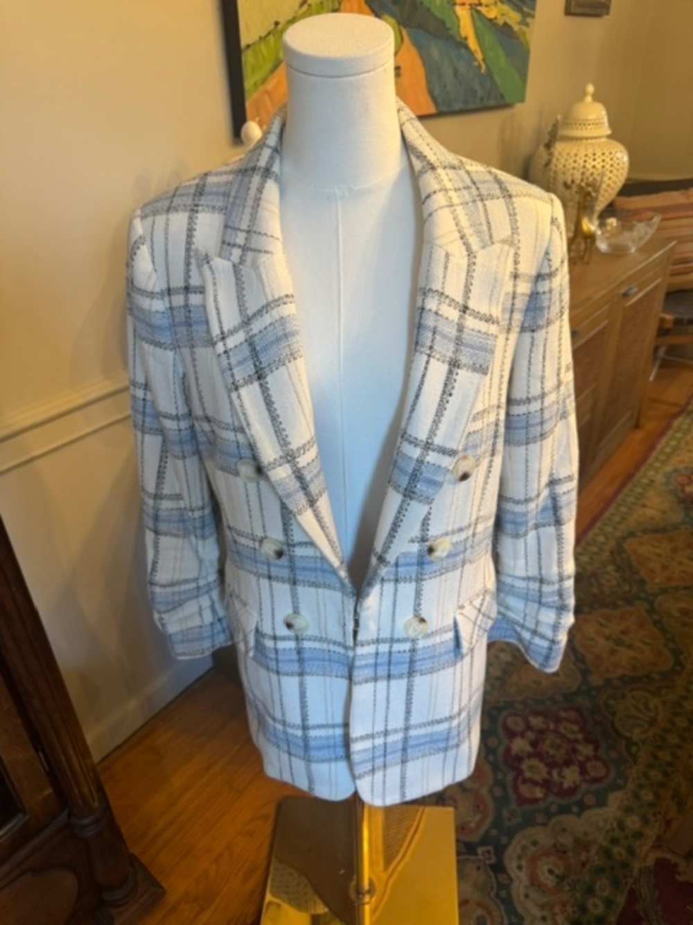 Veronica Beard White Blue Plaid Tweed Double Breasted Blazer Size 8